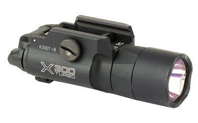 Surefire, X300-B Turbo, Weapon Light, White LED, 650 Lumens, 66,000 Candela, Fits Picatinny and Universal, Thumbscrew Attachment, For Pistols, Matte Finish, Black, 2x CR123 Batteries Included
